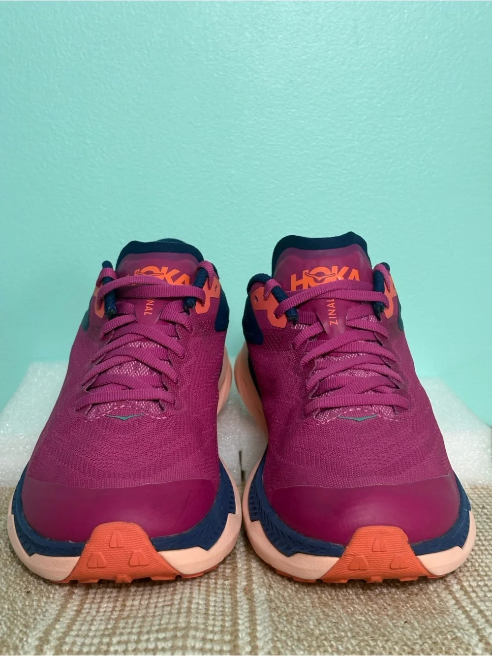 Hoka Women's Zinal Trail Running Shoe. Fuchsia/Navy Blue/Orange Accents. Size-7